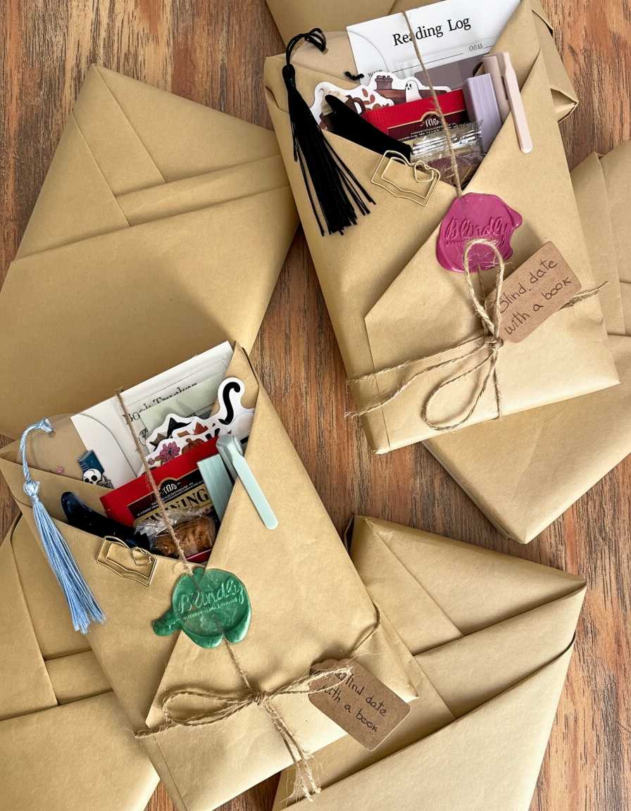 Blind date books on wooden table