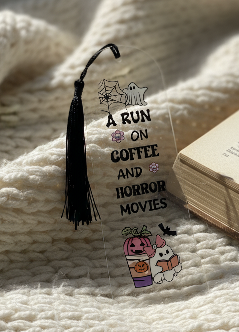 Coffee and Horror Movies bookmark in cozy setting