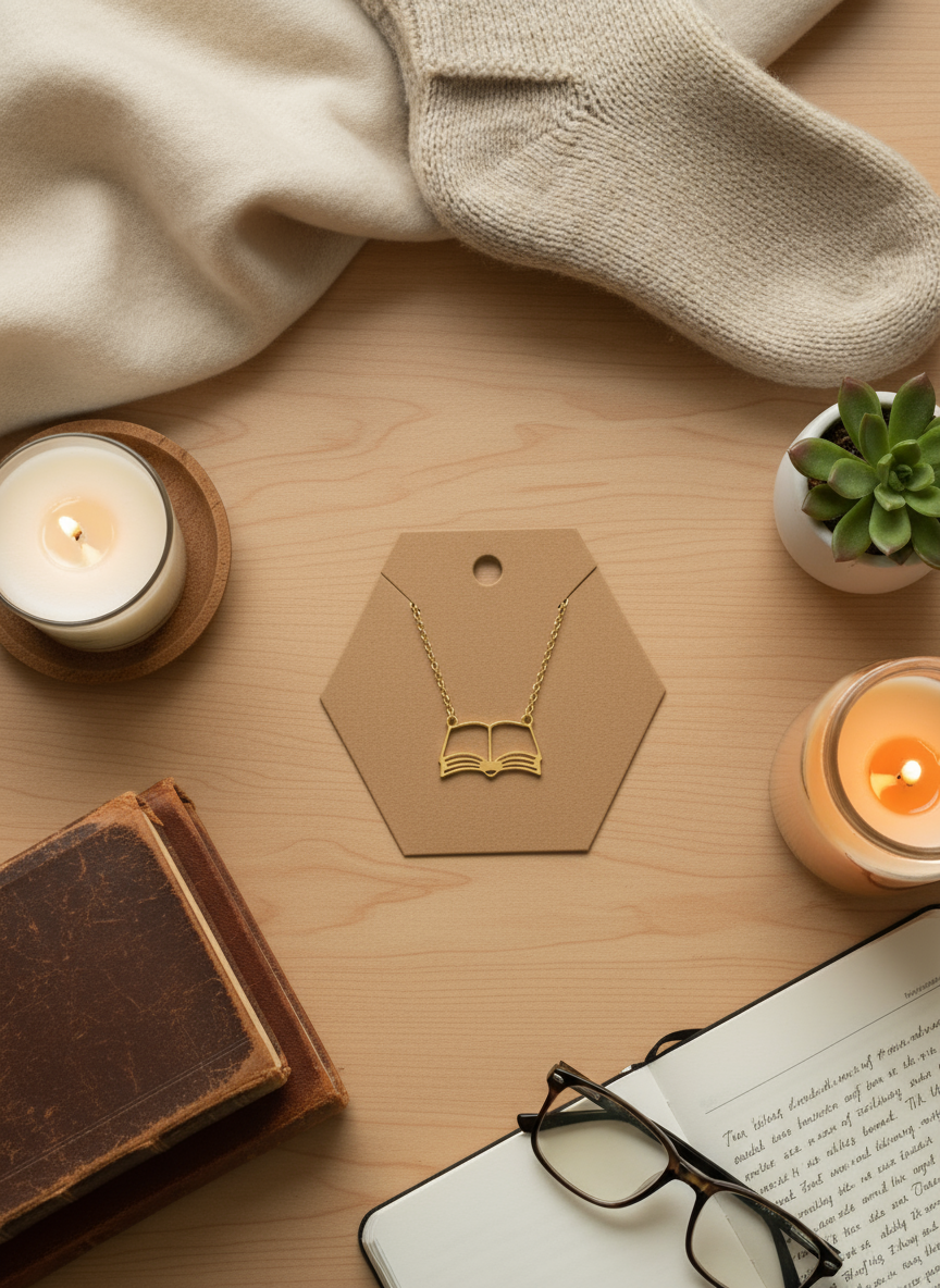Gold Book Necklace Flat Lay