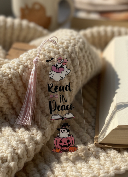 Read in Peace bookmark in cozy setting