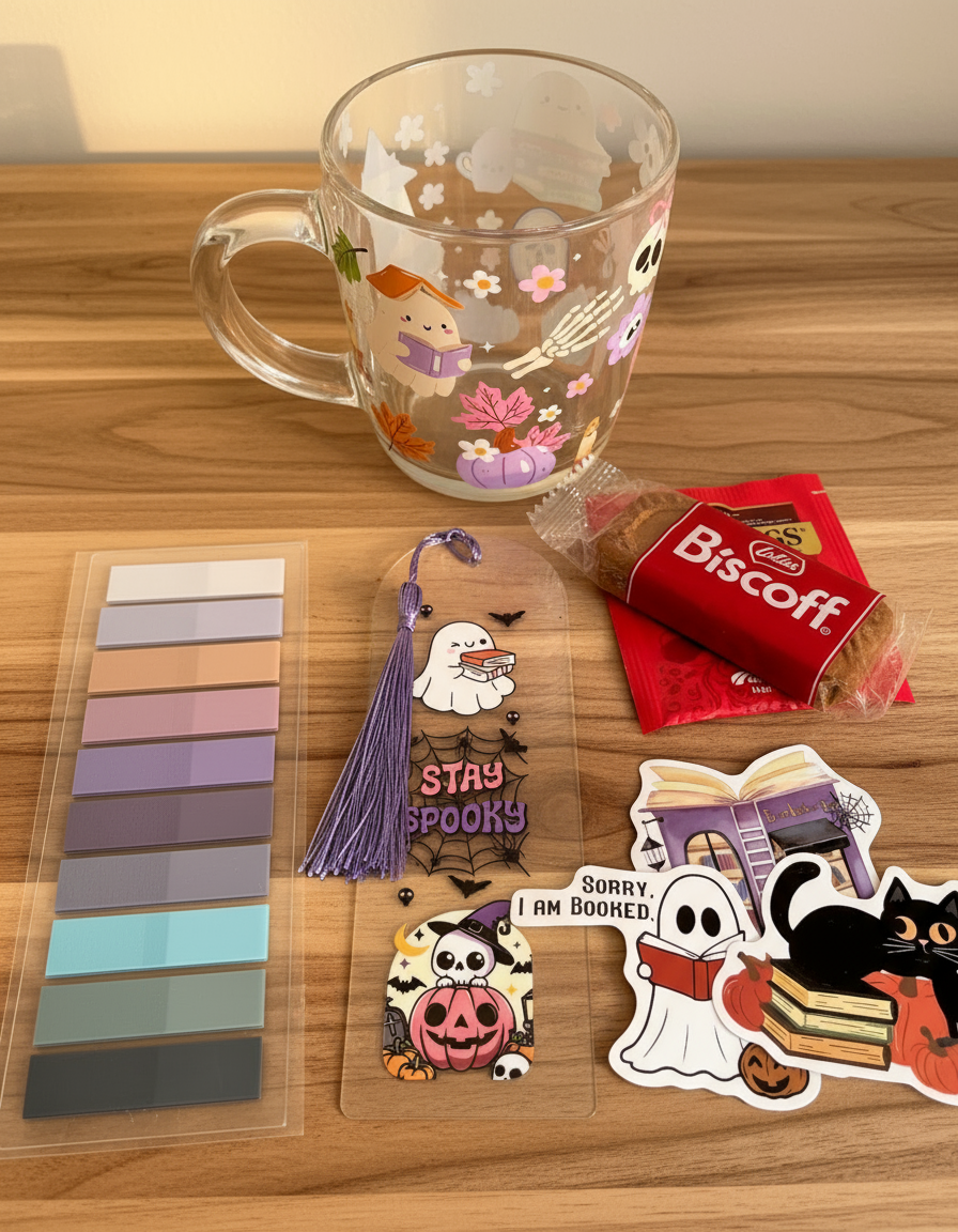 Spring mug with accessories and transparent bookmark on cozy background
