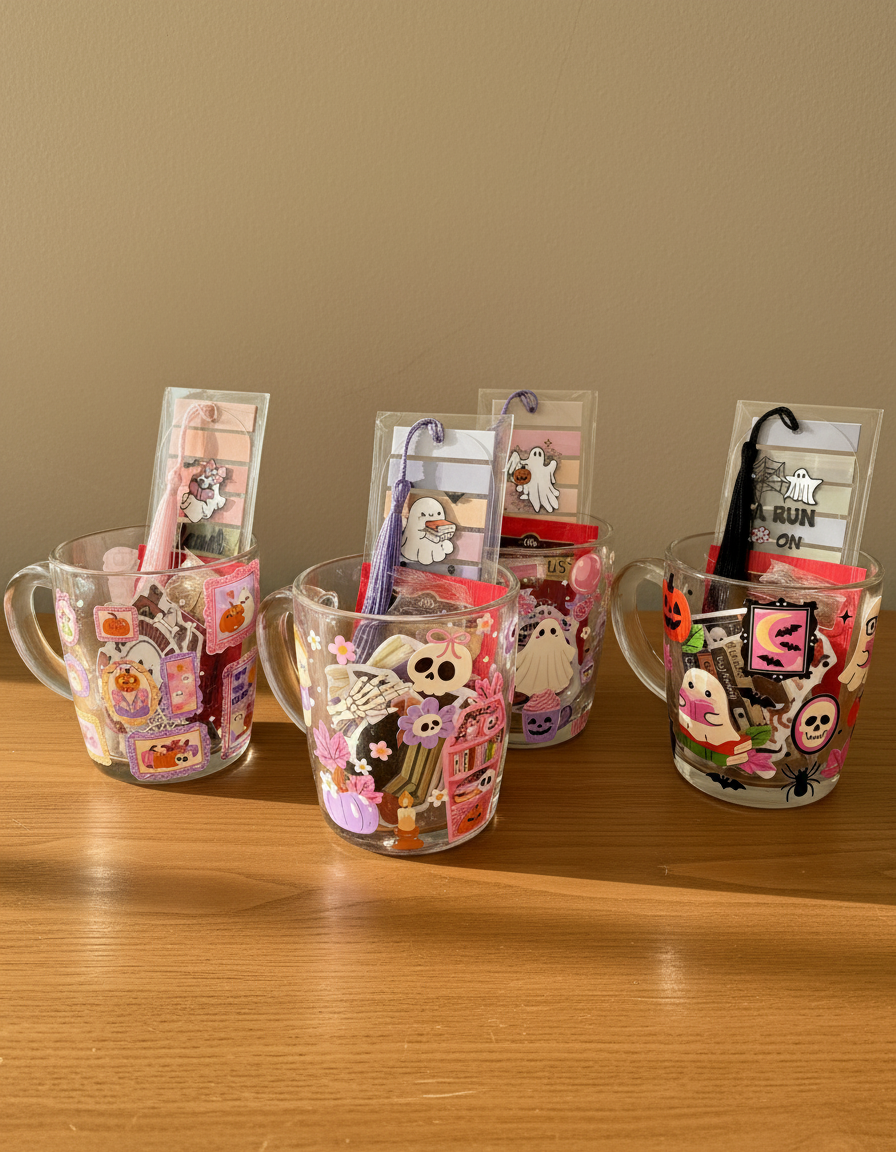 Three seasonal mugs with cozy background