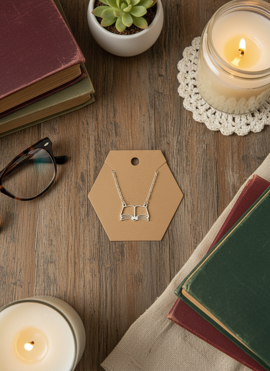 Silver Book Necklace Flat Lay