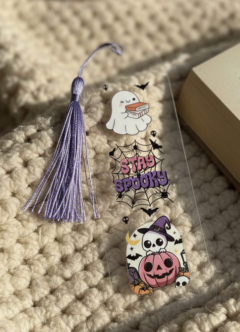 Stay Spooky bookmark in cozy setting